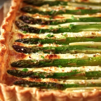 Asparagus Gruyere Tart served on a rustic wooden table