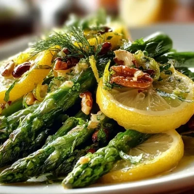 Delicious asparagus salad topped with lemon vinaigrette