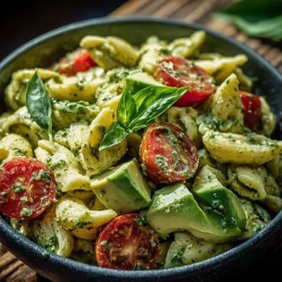 Delicious Avocado Pesto Pasta Salad with colorful vegetables and basil