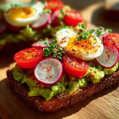 Delicious avocado toast with toppings on a wooden serving board