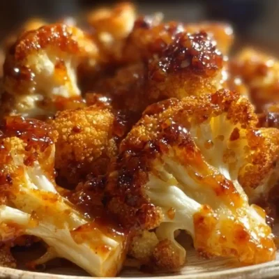 Sweet and spicy baked cauliflower served in a bowl, garnished with herbs.