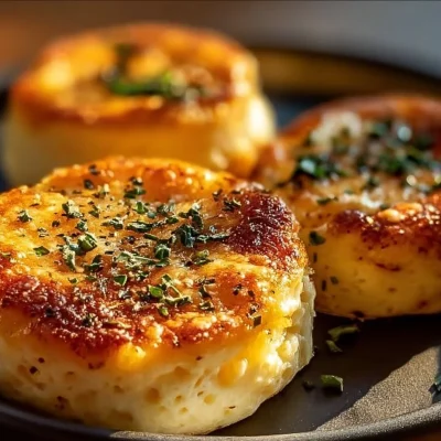 Baked cottage cheese eggs served in a dish, garnished with herbs.