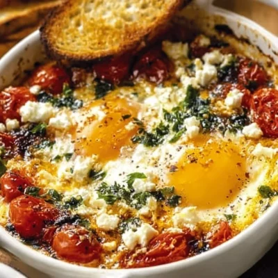 Baked feta eggs served in a bowl, garnished with herbs.