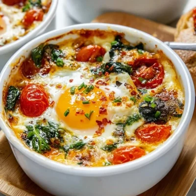Baked feta eggs with fresh tomatoes and spinach in a skillet