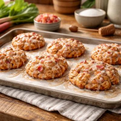 Delicious baked rhubarb fritters with chunks of rhubarb and a sweet glaze.