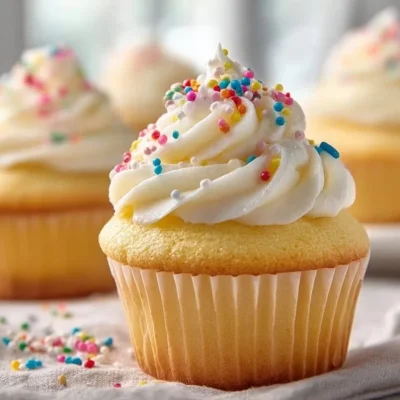 Soft and fluffy vanilla cupcakes decorated with frosting and sprinkles
