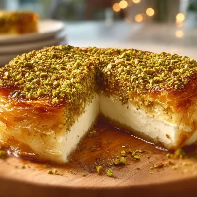 A slice of Baklava Pistachio Cheesecake topped with nuts and honey.