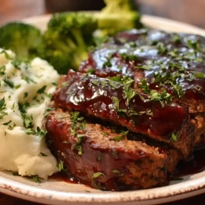 Delicious balsamic glazed meatloaf served with vegetables on a plate
