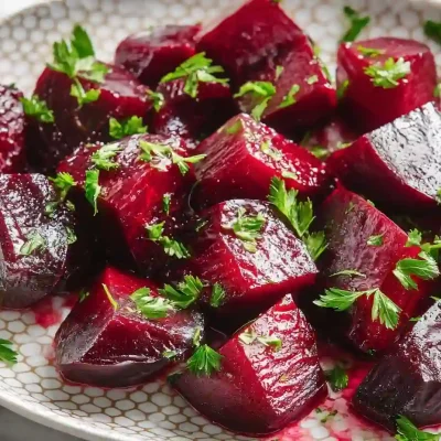 Delicious balsamic roasted beets served on a plate as a colorful side dish.