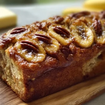 Delicious homemade banana bread sliced on a wooden board