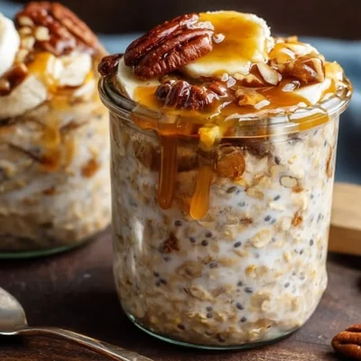 Delicious banana bread overnight oats in a bowl with fresh bananas and nuts
