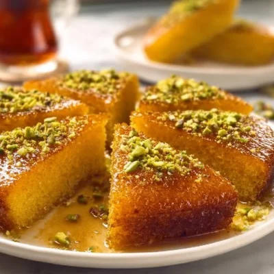 Basbousa dessert topped with saffron and pistachios