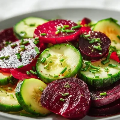 Colorful Beet and Cucumber Salad with fresh ingredients and dressing.