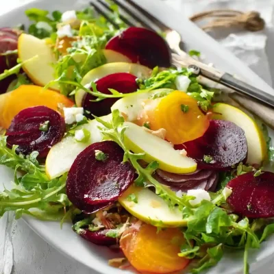 Beet salad with goat cheese and balsamic dressing, fresh and colorful