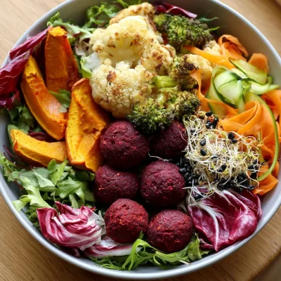 Beetroot falafel veggie bowl recipe with fresh ingredients