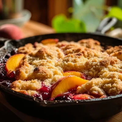 Delicious Berry Peach Cobbler served in a dish, topped with ice cream.
