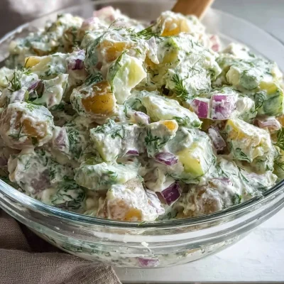 Delicious Crispy Smashed Potato Salad topped with fresh herbs and spices