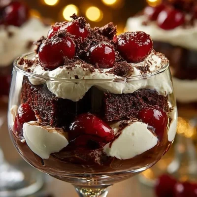 Delicious layered Black Forest Trifle with chocolate and cherries