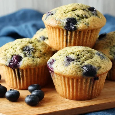 Blueberry matcha muffins fresh out of the oven, topped with blueberries.