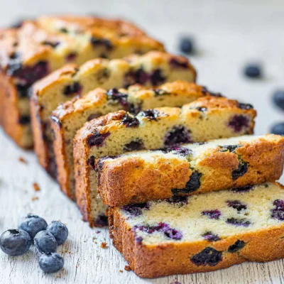 Sliced blueberry zucchini bread displayed on a wooden board