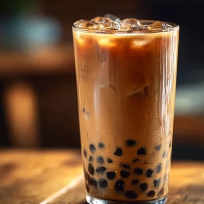 A refreshing cup of boba milk tea with tapioca pearls and colorful toppings.