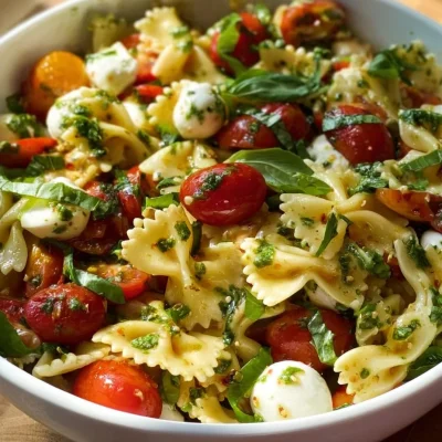 Colorful Bow Tie Pasta Salad with fresh vegetables.