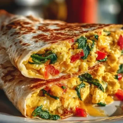 Breakfast quesadilla with scrambled eggs, cheese, spinach, and red peppers in a crispy tortilla.