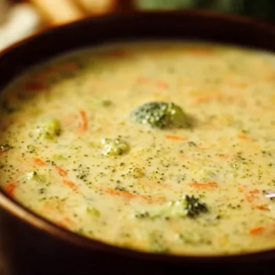 A bowl of creamy Broccoli Cheddar Soup garnished with cheddar cheese and broccoli florets.