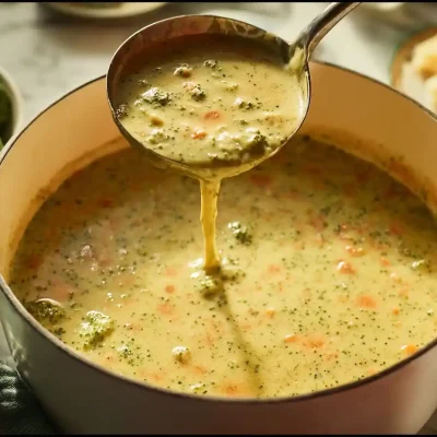 Bowl of creamy broccoli cheddar soup garnished with fresh herbs