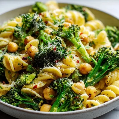 Delicious Broccoli Chickpea Pasta with Garlic Olive Oil served in a bowl.