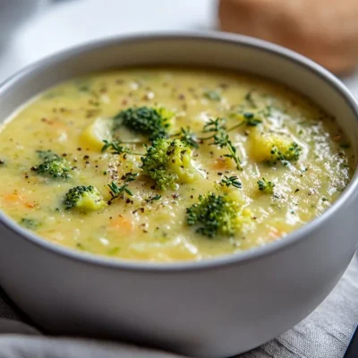 Bowl of creamy broccoli potato cheese soup garnished with fresh parsley