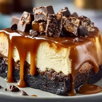 Brownie cheesecake topped with caramel sauce and chocolate chunks, rich and indulgent.
