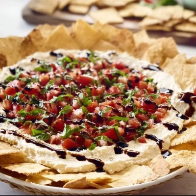 Delicious bruschetta dip served with crispy bread and fresh toppings
