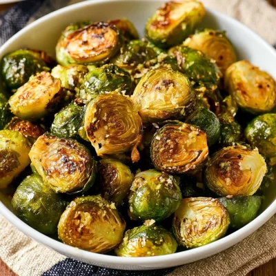 Oven-roasted Brussels sprouts with garlic in a bowl.