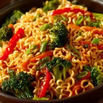 Delicious budget ramen stir fry dish garnished with vegetables and sauce.