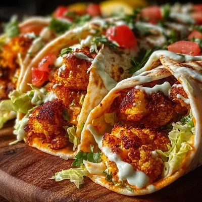 Delicious Buffalo Cauliflower Wrap stuffed with fresh veggies and spicy sauce