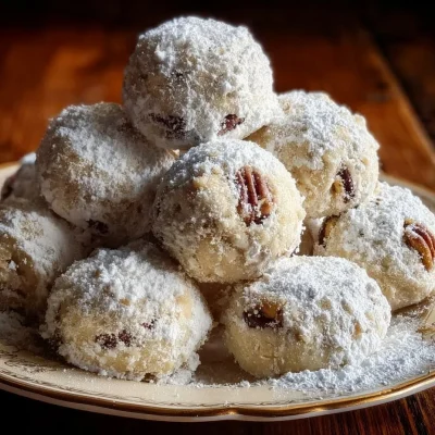 Buttery pecan snowballs dessert on a plate, sprinkled with powdered sugar.