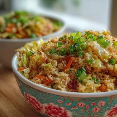 Cabbage fried rice bowl with colorful vegetables and herbs
