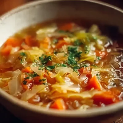Bowl of Detox Cabbage Soup filled with fresh vegetables and herbs