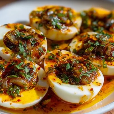 Delicious Cajun boiled eggs with spicy garlic butter sauce plated beautifully.