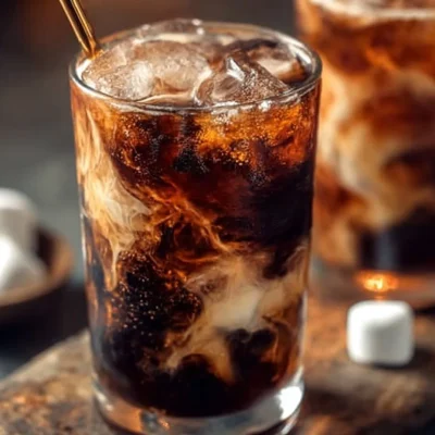 A refreshing glass of Campfire Cola Dirty Soda garnished with ice and citrus.