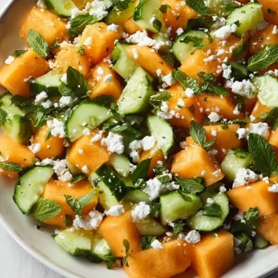 Cantaloupe melon salad with cucumber and feta cheese in a bowl