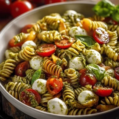 Delicious Caprese Pesto Pasta Salad with fresh tomatoes, mozzarella, and pesto dressing.