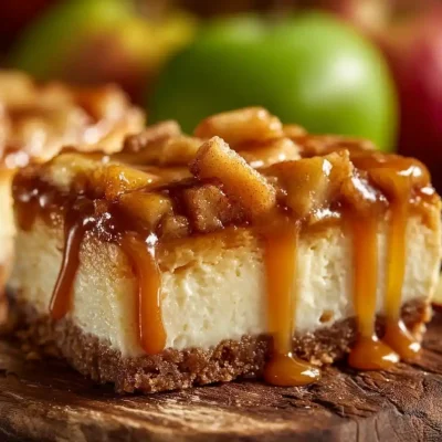 Delicious caramel apple cheesecake bars topped with fresh apples and caramel sauce.