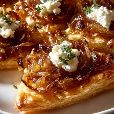 Caramelized Onion Goat Cheese Tarts for Parties on a platter, garnished elegantly.