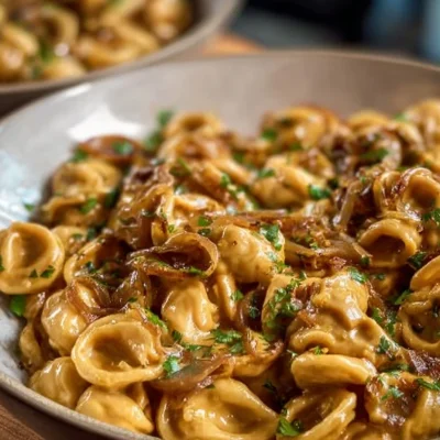 Delicious caramelized onion pasta served in a bowl