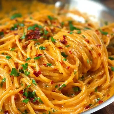 Creamy caramelized onion pasta topped with fresh herbs and cheese