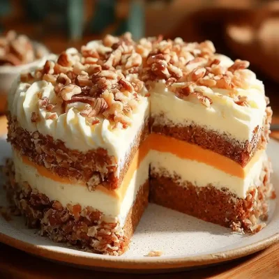 Carrot cake cheesecake with cream cheese frosting and pecan topping, layered and festive.