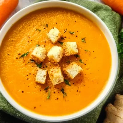 Bowl of vibrant Carrot Ginger Soup garnished with fresh herbs