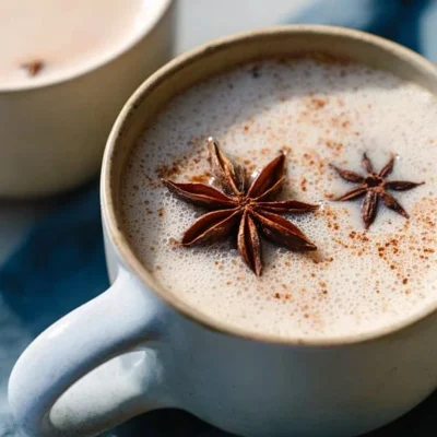 Creamy chai spiced coconut milk in a rustic cup with spices.